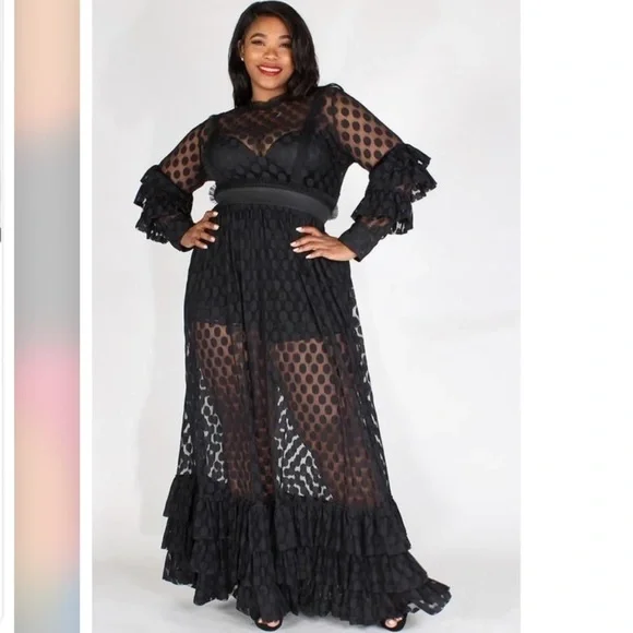 SHEER MESH POLKA DOT TIERED RUFFLE DRESS - Picture 3 of 15